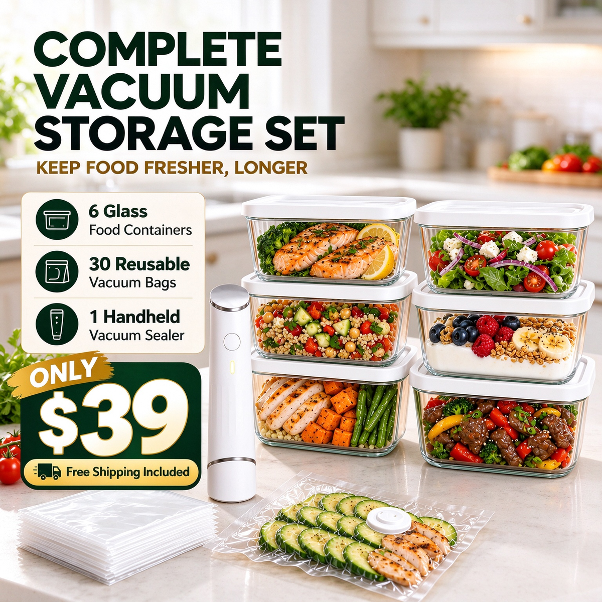 Portable Vacuum Food Sealer Bundle | Keeps Food Fresh 5x Longer